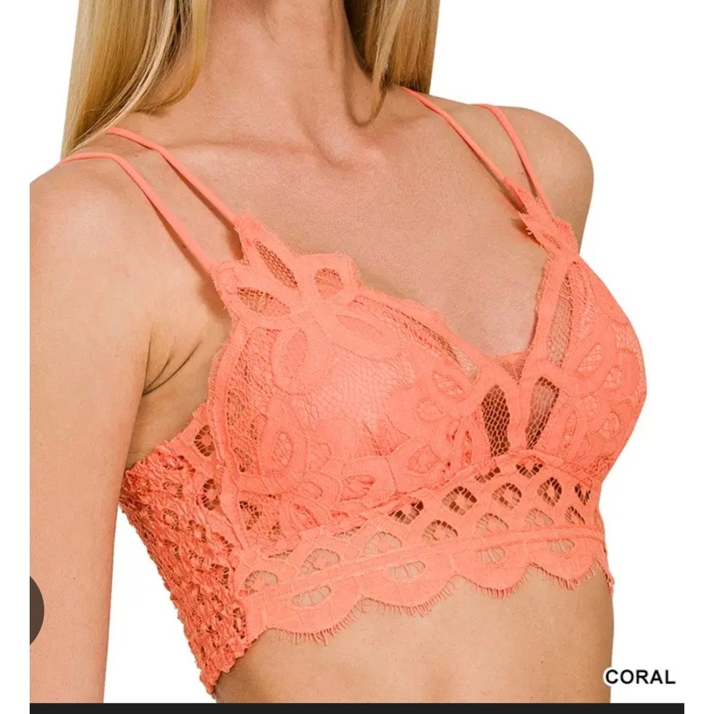 Zenana Floral Lace‎ Bralette Coral Longline Removable Pads boho Small